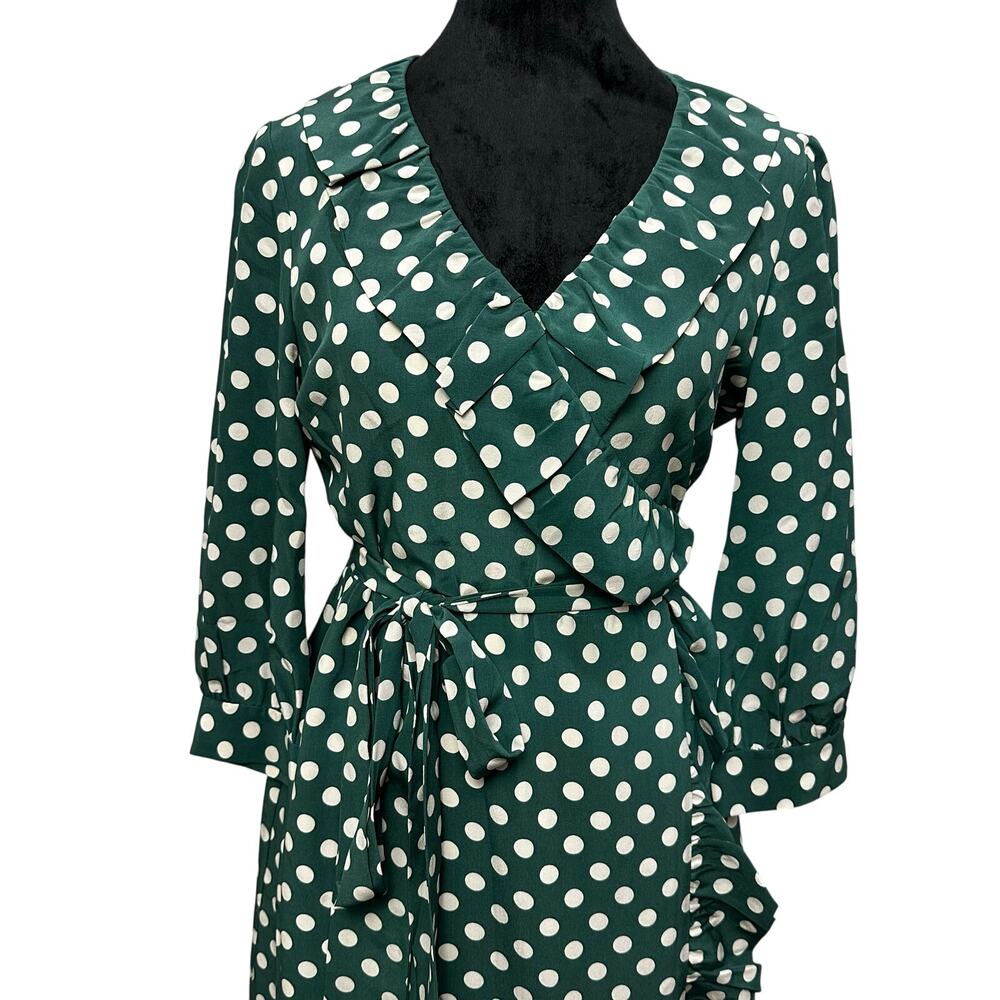 Kate Spade Polka Dot Wrap Dress 6 Green Cream Ruffle Silk Retro Classic - Picture 3 of 9